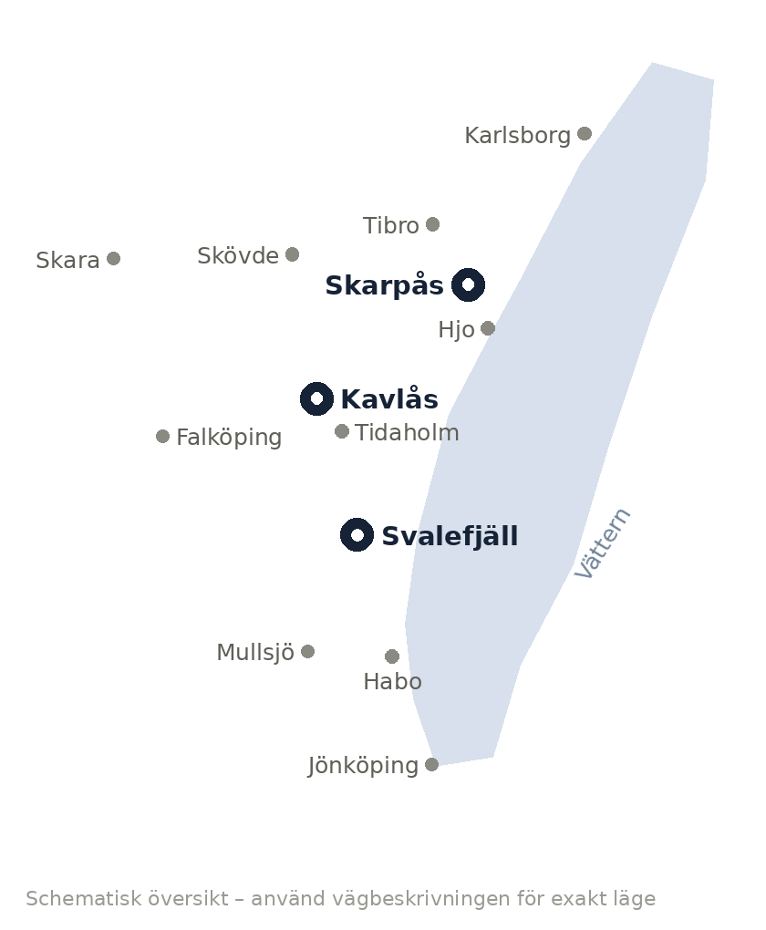 Karta över Jan Lundblads tre bergtäkter Skarpås, Kavlås och Svalefjäll i Skaraborg
